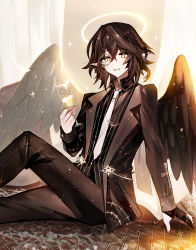 Rule 34 | 1boy, arm support, black gloves, black hair, black jacket, black pants, black shirt, black wings, brown eyes, champagne flute, collared shirt, commentary request, cup, drinking glass, feathered wings, feet out of frame, gloves, hair between eyes, halo, highres, holding, holding cup, jacket, juexing (moemoe3345), knee up, long sleeves, looking at viewer, male focus, monocle, necktie, open clothes, open jacket, original, pants, parted lips, partially fingerless gloves, shirt, single glove, sitting, smile, solo, sparkle, striped clothes, striped shirt, vertical-striped clothes, vertical-striped shirt, white necktie, wings
