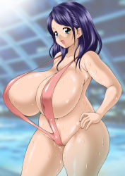 Rule 34 | 1girl, aqua eyes, blue hair, blush, breasts, cameltoe, curvy, female focus, gigantic breasts, hand on own hip, highres, hip focus, indoors, long hair, open mouth, plump, slingshot swimsuit, solo, swimsuit, tetsujinex, thick thighs, thighs, wet, wide hips
