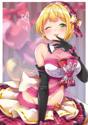 Rule 34 | 1girl, ;p, akanbe, bare shoulders, blonde hair, blurry, blurry background, blush, bow, breasts, cleavage, collarbone, dress, eyelid pull, green eyes, hat, idolmaster, idolmaster cinderella girls, large breasts, leaning forward, looking at viewer, midriff, miyamoto frederica, navel, one eye closed, see-through, see-through cleavage, short hair, solo, stomach, tongue, tongue out, trente