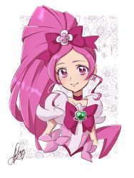 Rule 34 | 1girl, artist name, blush, bow, brooch, choker, commentary, cure blossom, dress, earrings, eyelashes, floral background, fpminnie1, hair bow, hair ornament, hanasaki tsubomi, happy, heart, heart brooch, heartcatch precure!, highres, jewelry, long hair, looking at viewer, magical girl, pink choker, pink dress, pink eyes, pink hair, pink ribbon, ponytail, precure, puffy short sleeves, puffy sleeves, ribbon, short sleeves, signature, sketch, smile, solo, very long hair, white background, wrist cuffs
