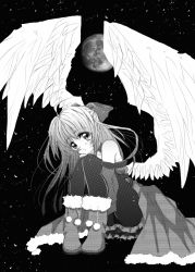 Rule 34 | 1girl, angel, bare shoulders, black eyes, black pantyhose, black theme, blush, boots, bow, breasts, detached sleeves, disolia, french text, frills, greyscale, hair bow, hair ribbon, halftone, long hair, monochrome, moon, original, pantyhose, purple hair, rainbow, ribbon, skirt, smile, solo, wallpaper, wings, winter