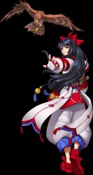 Rule 34 | 1girl, ainu clothes, alternate costume, ass, black hair, blue eyes, breasts, fingerless gloves, gloves, hair ribbon, half-closed eyes, highres, legs, looking at viewer, looking back, mamahaha, nakoruru, official art, outstretched arm, pants, ribbon, samurai spirits, sideboob, small breasts, smile, snk, solo, the king of fighters, thighs, weapon