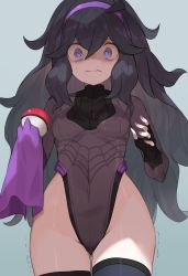 Rule 34 | 1girl, @ @, adapted costume, black gloves, black hair, blush, breasts, closed mouth, cloth, collarbone, commentary request, covered erect nipples, covered navel, creatures (company), from below, frown, game freak, gloves, hair between eyes, hairband, hex maniac (pokemon), highleg, highleg leotard, holding, holding cloth, holding poke ball, leotard, long hair, looking at viewer, medium breasts, messy hair, nail polish, nintendo, npc trainer, poke ball, poke ball (basic), pokemon, pokemon xy, purple eyes, purple hairband, purple nails, raised eyebrows, solo, spring2013, sweatdrop, turtleneck, wide hips