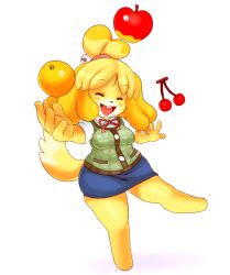 Rule 34 | 1girl, animal crossing, animal ears, apple, bad id, bad tumblr id, bell, blonde hair, blush stickers, breasts, buck teeth, cherry, closed eyes, dog ears, dog girl, dog tail, food, fruit, furry, furry female, hair bell, hair ornament, happy, isabelle (animal crossing), mato spectoru, nintendo, no shoes, orange (fruit), plaid, plaid vest, scrunchie, small breasts, smile, solo, super smash bros., tail, teeth, topknot, vest