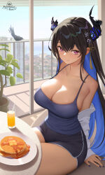 Rule 34 | 1girl, asymmetrical horns, bare shoulders, bird, black camisole, black hair, black horns, black shorts, blue hair, blue nails, blue shirt, blush, breasts, butter, camisole, cleavage, closed mouth, collarbone, colored inner hair, crow, day, demon horns, food, hair ornament, highres, hololive, hololive english, horns, indoors, juice, large breasts, long hair, looking at viewer, mole, mole under eye, morning, multicolored hair, nail polish, nerissa ravencroft, off shoulder, pancake, pantheon eve, purple eyes, red eyes, shadow (nerissa ravencroft), shirt, short shorts, shorts, sitting, smile, solo, syrup, thighs, two-tone hair, uneven horns, very long hair, virtual youtuber