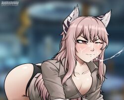Rule 34 | 1girl, animal ears, artist name, ass, bags under eyes, bent over, black panties, blurry, blurry background, blush, breasts, brown shirt, cat ears, cleavage, closed mouth, collarbone, commentary, cum, cum on hair, cum on lips, cum string, english commentary, facial, girls&#039; frontline, hair between eyes, highres, kushishekku, lab coat, long hair, no pants, one eye closed, panties, partially unbuttoned, patreon username, persica (girls&#039; frontline), pink hair, red eyes, shirt, small breasts, solo, underwear, v-shaped eyebrows, variant set