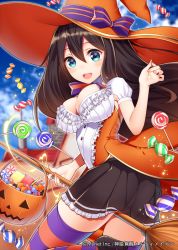 Rule 34 | 1girl, :d, blue eyes, blue sky, bow, breasts, broom, broom riding, brown hair, candy, cloud, commentary request, day, female focus, food, halloween, halloween costume, hat, hat bow, jack-o&#039;-lantern, large breasts, lollipop, long hair, official art, open mouth, original, puffy short sleeves, puffy sleeves, ray-akila, shinki kakusei melty maiden, shirt, short sleeves, skirt, sky, smile, solo, star-shaped pupils, star (symbol), striped clothes, striped thighhighs, swirl lollipop, symbol-shaped pupils, thighhighs, very long hair, witch hat, zettai ryouiki