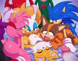 Rule 34 | 3girls, 6+boys, ahegao, ahoge, amy rose, anal, animal ears, ass, ass grab, badger ears, bat (animal), bed, bird, blonde hair, blue eyes, blush, boots, breasts, clenched teeth, closed eyes, doggystyle, erection, eric lowery, espio the chameleon, eyelashes, fellatio, fox ears, functionally nude, furry, gloves, green eyes, group sex, hairband, half-closed eyes, happy sex, hedgehog ears, hedgehog tail, highres, huge ass, jet the hawk, knuckles the echidna, makeup, multicolored hair, multiple boys, multiple girls, nude, open mouth, oral, orange hair, orgy, penis, pink hair, precum, pussy juice, rouge the bat, saliva, sex, sex from behind, shadow the hedgehog, sideboob, silver the hedgehog, smile, sonic (series), sonic boom (series), sonic the hedgehog, sticks the badger, sweat, tails (sonic), teeth, testicles, tongue, tongue out, twintails, two-tone hair, uncensored, wavy mouth