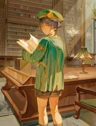 Rule 34 | 1boy, akademiya uniform, black hair, black shorts, blue hair, book, bookshelf, chair, closed mouth, from behind, genshin impact, green hat, hair between eyes, hat, highres, holding, holding book, indoors, lamp, library, lic 617, long sleeves, looking at viewer, looking back, male focus, scaramouche (genshin impact), shorts, solo, standing