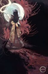 Rule 34 | 1girl, abstract background, artist name, back bow, black background, black hair, black kimono, blood, bow, chakiryshka, commentary request, crescent moon, facing away, final fantasy, final fantasy xiv, flower, from behind, full body, hair flower, hair ornament, hair stick, hand up, highres, holding, holding smoking pipe, huge moon, hyur, japanese clothes, kimono, kiseru, long hair, moon, obi, off shoulder, red flower, russian commentary, sash, smoke, smoking pipe, solo, spider lily, standing, straight hair, yellow sash, yotsuyu goe brutus