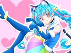 Rule 34 | 1girl, animal ears, aqua hair, boots, braid, brown eyes, cat ears, cure cosmo, elbow gloves, gloves, highres, multicolored hair, pink hair, precure, s-operator, star twinkle precure, thigh boots, thighhighs, twin braids