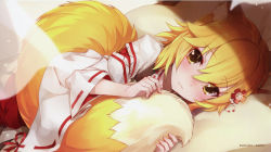 Rule 34 | 1girl, absurdres, amagai tarou, animal ear fluff, animal ears, artist name, bed, blonde hair, blush, brown eyes, closed mouth, curtains, end card, fang, fang out, flower, fox ears, fox tail, hair between eyes, hair flower, hair ornament, highres, japanese clothes, kimono, long sleeves, looking at viewer, lying, miko, nose blush, official art, on bed, on side, pillow, pov across bed, red flower, ribbon-trimmed sleeves, ribbon trim, senko (sewayaki kitsune no senko-san), sewayaki kitsune no senko-san, solo, tail, transparent, white kimono, wide sleeves