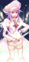 Rule 34 | 1girl, atwight eks, breasts, choker, hat, large breasts, long hair, looking at viewer, purple hair, red eyes, solo, sword, tales of (series), tales of destiny, tales of destiny 2, thighhighs, weapon, zettai ryouiki