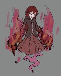 Rule 34 | 1girl, brown jacket, fire, grey background, highres, jacket, long hair, long sleeves, looking at viewer, lava, original, oversized forearms, oversized limbs, parted lips, ray-k, red eyes, red hair, red skirt, simple background, skirt, solo