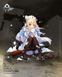 Rule 34 | 1girl, ammunition belt, arm up, artist name, belt, black pantyhose, blonde hair, blue dress, blue eyes, blush, braid, brown belt, character name, copyright name, dress, explosive, full body, fur hat, girls&#039; frontline, gloves, grenade, gun, hair ornament, hairclip, hat, highres, holding, holding grenade, knife sheath, long hair, looking at viewer, no shoes, official art, on floor, open mouth, pantyhose, papakha, ppsh-41, ppsh-41 (girls&#039; frontline), ppsh-41 (mod3) (girls&#039; frontline), promotional art, scarf, sheath, solo, soviet flag, submachine gun, torn clothes, torn hat, torn pantyhose, twintails, weapon, white gloves, white hat, white scarf