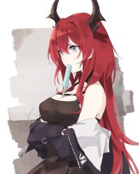 Rule 34 | 1girl, arknights, bare shoulders, black dress, breasts, crossed arms, demon horns, detached collar, dress, food, food in mouth, food on body, food on breasts, highres, horns, jacket, long hair, off shoulder, popsicle, red hair, sleeveless, sleeveless dress, solo, stardust-kun, surtr (arknights)