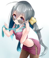 Rule 34 | 10s, 1girl, adapted costume, ahoge, aqua necktie, ass, blue eyes, blue hair, boruhis, breasts, brown pantyhose, buttons, cowboy shot, diffraction spikes, glasses, gradient background, grey hair, hair between eyes, hair ornament, kantai collection, kiyoshimo (kancolle), leaning forward, long hair, looking at viewer, low twintails, matching hair/eyes, midriff, multicolored hair, navel, necktie, pantyhose, pencil skirt, purple shirt, purple skirt, shirt, simple background, skirt, sleeveless, small breasts, smile, solo, sparkle, sunglasses, twintails, very long hair