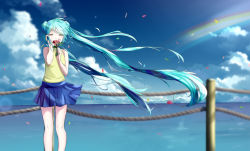 Rule 34 | 1girl, absurdly long hair, blue hair, blue skirt, blue sky, casual, closed eyes, cloud, day, floating hair, flower, hatsune miku, highres, holding, holding flower, long hair, mikuning, miniskirt, ocean, outdoors, parted bangs, pleated skirt, rainbow, red flower, shirt, skirt, sky, sleeveless, sleeveless shirt, solo, standing, twintails, very long hair, vocaloid, yellow shirt