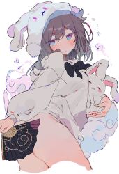 Rule 34 | 1girl, animal ears, animal hood, black bow, black hair, blue eyes, blush, bow, closed mouth, commission, covering ass, covering privates, hand fan, hat, highres, holding, holding fan, hood, long sleeves, looking at viewer, original, otintin, purple eyes, rabbit, rabbit ears, rabbit hood, simple background, skeb commission, solo, white background, white hat