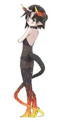 Rule 34 | 1girl, backless outfit, black hair, blue eyes, boots, female focus, full body, glowing, highres, monster girl, pointy ears, short hair, simple background, solo, standing, tail, tenohira (tenoo12), thigh boots, thighhighs, white background