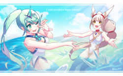 Rule 34 | 2girls, animal ears, breasts, chest jewel, facial mark, green eyes, green hair, hey cre, large breasts, long hair, low twintails, multiple girls, nia (blade) (xenoblade), nia (xenoblade), pneuma (xenoblade), ponytail, silver hair, spoilers, swept bangs, swimsuit, twintails, very long hair, xenoblade chronicles (series), xenoblade chronicles 2, yellow eyes