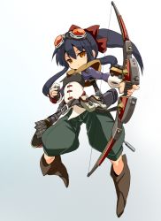 Rule 34 | 1girl, arrow (projectile), belt, belt pouch, black hair, blush, boots, bow, bow (weapon), empty eyes, etrian odyssey, gloves, goggles, goggles on head, gradient background, hair bow, karukan (monjya), long hair, looking at viewer, orange eyes, partially fingerless gloves, partly fingerless gloves, ponytail, pouch, quiver, sekaiju no meikyuu, sekaiju no meikyuu 4, single glove, sniper (sekaiju), solo, weapon, yugake