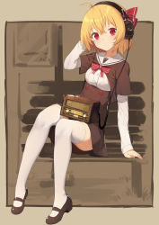 Rule 34 | 1girl, arm behind head, bench, black footwear, blonde hair, bow, breasts, brown background, brown dress, cable, commentary request, dress, earphones, full body, hair ribbon, head tilt, highres, long sleeves, looking at viewer, mary janes, radio, red bow, red eyes, red neckwear, red ribbon, ribbon, rumia, sailor collar, sh (shinh), shoes, short dress, short hair, short sleeves, sitting, small breasts, solo, thighhighs, thighs, touhou, white sleeves, white thighhighs