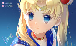 Rule 34 | 1girl, artist name, bishoujo senshi sailor moon, blonde hair, blue background, blue eyes, blue sailor collar, choker, circlet, collarbone, commentary, crescent, crescent earrings, derivative work, earrings, facebook username, hair ornament, heart, heart choker, instagram username, jewelry, kamui (kamuikaoru), long hair, meme, open mouth, parted bangs, red choker, sailor collar, sailor moon, sailor moon redraw challenge (meme), signature, simple background, solo, twintails, upper body