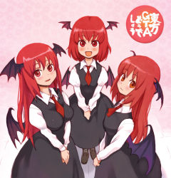 Rule 34 | 3girls, :d, age comparison, aged down, alternate hairstyle, bat wings, between breasts, black dress, blush, boots, breasts, child, cross-laced footwear, dress, dress shirt, embodiment of scarlet devil, female focus, grand theft auto, head wings, koakuma, lace-up boots, long hair, long sleeves, low wings, medium breasts, multiple girls, multiple persona, necktie, open mouth, orange eyes, pantyhose, red eyes, red hair, red necktie, ryoji (nomura ryouji), shirt, short hair, small breasts, smile, time paradox, touhou, white shirt, wings