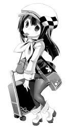 Rule 34 | 1girl, ascot, bad id, bad twitter id, bag, blush, boots, cabbie hat, dress, greyscale, handbag, hat, long hair, long sleeves, looking at viewer, luggage, monochrome, mouth hold, original, pantyhose, rolling suitcase, solo, standing, suitcase, uni mate