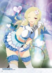 Rule 34 | 10s, 1girl, ;d, arm wrap, bat wings, between breasts, between legs, black wings, blonde hair, blue skirt, blush, breasts, bridal garter, buttons, cable, crowd, double-breasted, forehead, frills, gloves, hair ornament, heart, highres, large breasts, layered skirt, leaning forward, lens flare, long hair, looking at viewer, microphone, microphone stand, miniskirt, mole, mole under mouth, navel, one eye closed, open mouth, page number, red eyes, round teeth, scan, senran kagura, shiki (senran kagura), skirt, skull hair ornament, sleeveless, smile, solo focus, spotlight, stage, standing, teeth, thighhighs, white gloves, white thighhighs, wings, yaegashi nan