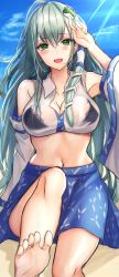 Rule 34 | 1girl, 7saki, :d, bad id, bad twitter id, barefoot, blue skirt, blush, bra, breasts, collarbone, detached sleeves, feet, frog hair ornament, green eyes, green hair, hair between eyes, hair ornament, hair tubes, highres, kochiya sanae, large breasts, long hair, looking at viewer, navel, open mouth, see-through, shirt, sitting, skirt, smile, snake hair ornament, solo, toes, touhou, underwear, wet, wet clothes, wide sleeves