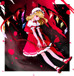 Rule 34 | 1girl, ascot, blonde hair, bow, bowtie, commentary, crystal, english commentary, flandre scarlet, flower, frilled skirt, frilled sleeves, frills, full body, hands on own legs, hat, hat ribbon, highres, long hair, looking at viewer, mary janes, mob cap, puffy short sleeves, puffy sleeves, red bow, red bowtie, red eyes, red flower, red footwear, red rose, red skirt, red vest, ribbon, ringocha, rose, shirt, shoes, short sleeves, skirt, smile, socks, solo, touhou, vest, white ascot, white hat, white shirt, white socks, wings, wrist cuffs