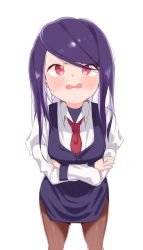 Rule 34 | 1girl, blush, brown pantyhose, collared shirt, commentary request, crossed arms, eyebrows hidden by hair, girls&#039; frontline, highres, jill stingray, long hair, long sleeves, looking at viewer, necktie, open mouth, pantyhose, purple hair, purple skirt, purple vest, red eyes, red necktie, round teeth, shirt, simple background, skirt, solo, swept bangs, teeth, tosyeo, upper teeth only, va-11 hall-a, vest, white background, white shirt