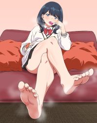 Rule 34 | 10s, 1girl, absurdres, apita (apitaro), barefoot, blue eyes, blue hair, blush, candy, couch, feet, food, gridman universe, highres, crossed legs, lollipop, long hair, looking at viewer, pov, sitting, soles, ssss.gridman, steam, takarada rikka, toes, tongue, tongue out