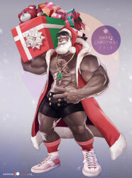 Rule 34 | 1boy, absurdres, bara, bare pectorals, beard, carrying over shoulder, christmas, christmas tree necklace, coat, dark-skinned male, dark skin, facial hair, full body, gift, hat, highres, holding, holding gift, large hands, large pectorals, long beard, looking at viewer, male focus, mature male, muscular, muscular male, mustache, old, old man, open clothes, open coat, original, pectorals, red hat, santa claus, santa costume, santa hat, shoes, short hair, short shorts, shorts, silverjow, sneakers, solo, thick eyebrows, thick mustache, v, veins, veiny hands, very dark skin, wrinkled skin