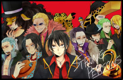 Rule 34 | 6+boys, alternate costume, animal ears, animal print, baseball cap, black hair, black headwear, blonde hair, border, brothers, brown hair, cat boy, cat ears, cat tail, cigar, collared shirt, crocodile (one piece), donquixote doflamingo, dracule mihawk, formal, giraffe ears, giraffe print, giraffe tail, glasses, green hair, hair over one eye, hat, highres, kaku (one piece), leopard ears, leopard print, male focus, monkey d. luffy, multiple boys, necktie, one piece, one piece: strong world, orange hair, portgas d. ace, red background, red shirt, rob lucci, roronoa zoro, sanji (one piece), scar, shirt, shueisha, siblings, smoker (one piece), stampede string, straw hat, suit, sunglasses, tail, top hat, yellow eyes