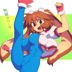 Rule 34 | :d, abs, blue bodysuit, bodysuit, breasts, brown hair, commentary request, fingerless gloves, gloves, gradient background, green background, hair between eyes, jacket, large breasts, leg up, long hair, looking at viewer, makihara arina, metata, open mouth, red gloves, shoes, short sleeves, simple background, smile, sneakers, solo, standing, standing on one leg, teeth, translation request, two-tone background, waku waku 7, white background, white jacket