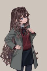 Rule 34 | 1girl, black ribbon, black skirt, blue eyes, brown hair, closed mouth, coat, collared shirt, cowboy shot, elisia valfelto, grey background, grey coat, grey pantyhose, hair intakes, hand on own hip, hand up, highres, long hair, long sleeves, luicent, miniskirt, neck ribbon, open clothes, open coat, original, pantyhose, pleated skirt, red sweater, ribbon, shirt, simple background, skirt, smile, solo, standing, sweater, white shirt, wing collar