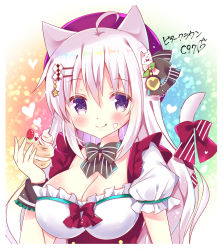 Rule 34 | 1girl, :q, ahoge, animal ears, beret, bitter crown, blush, bow, breasts, cat ears, cat girl, cat tail, cleavage, closed mouth, commentary request, cream, cream on face, diagonal stripes, food, food on face, hair between eyes, hair ornament, hairclip, hand up, hat, heart, holding, holding food, long hair, medium breasts, original, puffy short sleeves, puffy sleeves, purple hat, red bow, shirt, short sleeves, smile, solo, striped, sweets, tail, tail bow, tail ornament, tail raised, tongue, tongue out, translation request, upper body, white hair, white shirt, wrist cuffs