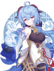 Rule 34 | 1girl, ahoge, bare shoulders, black gloves, blue hair, bodystocking, borii, breasts, commentary, cowboy shot, detached sleeves, ganyu (genshin impact), genshin impact, gloves, hair between eyes, high-waist skirt, highres, horns, large breasts, long hair, long sleeves, looking at viewer, orb, purple eyes, qilin (mythology), skirt, smile, solo, standing, thighs, very long hair, white skirt