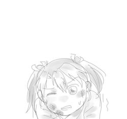 Rule 34 | &gt;;d, 10s, 1girl, ;d, clenched teeth, comic, gentletiger, greyscale, hair ribbon, injury, japanese clothes, kantai collection, long hair, looking at viewer, lowres, monochrome, one eye closed, open mouth, ribbon, simple background, smile, sweat, teeth, twintails, upper body, v-shaped eyebrows, white background, wince, zuikaku (kancolle)