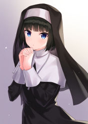 Rule 34 | 1boy, absurdres, black hair, blue eyes, blush, bob cut, cross, cross necklace, crossdressing, habit, highres, idolmaster, idolmaster side-m, jewelry, kagura rei, looking at viewer, male focus, necklace, nun, own hands clasped, own hands together, rayuse, solo, traditional nun, trap