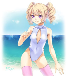 Rule 34 | 1girl, beach, blonde hair, breasts, competition swimsuit, drill hair, front zipper swimsuit, meme attire, ocean, one-piece swimsuit, original, purple eyes, purple thighhighs, skindentation, small breasts, smile, solo, swimsuit, tenjou tsuki, thighhighs, twin drills, water
