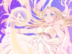 Rule 34 | 1girl, bare shoulders, blonde hair, blue eyes, breasts, dress, jewelry, long hair, necklace, nintendo, pointy ears, princess zelda, purple background, shuri (84k), simple background, sleeveless, small breasts, solo, the legend of zelda, the legend of zelda: breath of the wild, triforce