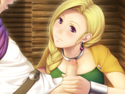 Rule 34 | 1girl, belt, bianca (dq5), blonde hair, blush, braid, breasts, cape, censored, collar, dragon quest, dragon quest v, earrings, erection, handjob, jewelry, large breasts, long hair, looking down, penis, pink poison, purple eyes, sitting, smile
