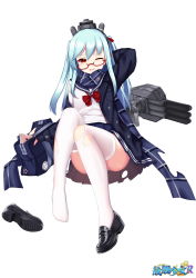 Rule 34 | 1girl, absurdres, allenes, alternate costume, bag, black footwear, blue coat, blue hair, blue scarf, blue skirt, buttons, coat, copyright name, feet, fubuki (warship girls r), full body, glasses, headgear, highres, knees up, letter, long hair, long sleeves, looking at viewer, love letter, machinery, official art, one eye closed, open clothes, open coat, open mouth, panties, plaid, plaid scarf, pleated skirt, red-framed eyewear, red eyes, scarf, school bag, school uniform, serafuku, shirt, shoes, single shoe, sitting, skirt, solo, thighhighs, torn clothes, torn thighhighs, torpedo, twintails, underwear, warship girls r, white background, white panties, white shirt, white thighhighs