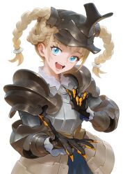 1girl armor blonde_hair blue_eyes braid breastplate clawed_gauntlets comiket_105 fake_horns fang gauntlets helmet highres horned_helmet horns knight noma_takafumi open_mouth original shoulder_armor simple_background solo teeth twin_braids twintails upper_body white_background