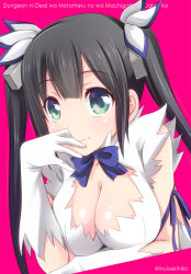 Rule 34 | 10s, 1girl, black hair, blush, bow, breasts, cleavage, cleavage cutout, clothing cutout, dress, dungeon ni deai wo motomeru no wa machigatteiru darou ka, female focus, gloves, green eyes, hair ornament, hand on own face, hand to own mouth, hestia (danmachi), inui sekihiko, large breasts, long hair, pink background, rei no himo, ribbon, short dress, simple background, smile, solo, twintails, white dress, white gloves