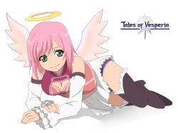 Rule 34 | 00s, 1girl, angel wings, bad id, bad pixiv id, breasts, cleavage, copyright name, detached sleeves, estellise sidos heurassein, green eyes, halo, logo, official alternate costume, pink hair, rutarou, solo, tales of (series), tales of vesperia, thighhighs, wings, zettai ryouiki